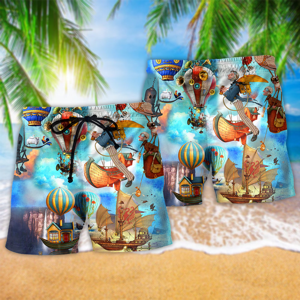 Steampunk Air Balloon Beach Shorts Pattern Detail For Cruise Vacations And Lightweight Summer Style