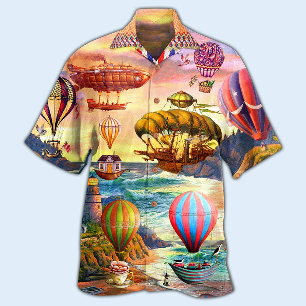 Steampunk Hot Air Balloon Travel Hawaiian Shirt Artwork Detail For Tropical Trips And Casual Outings