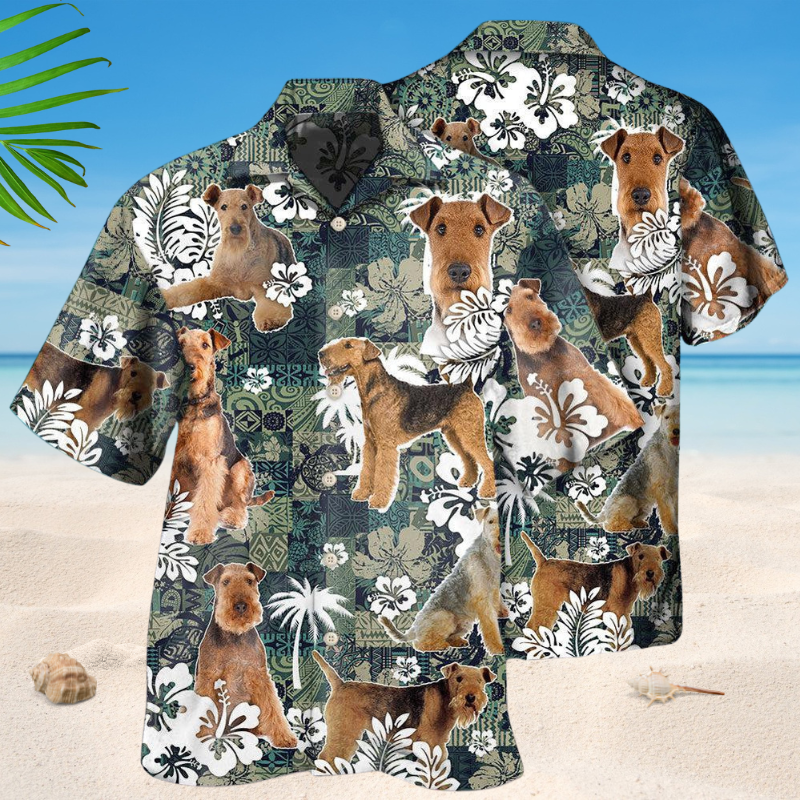 Tropical Airedale Terrier Dog Hawaiian Shirt For Resort Trips, Coastal Parties, And Warm Weather Style