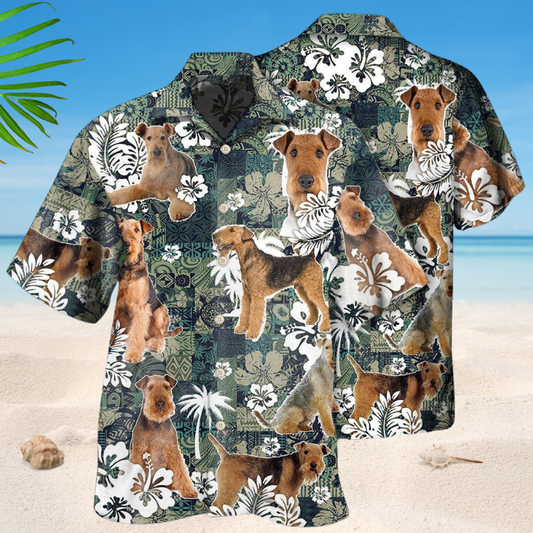 Tropical Airedale Terrier Dog Hawaiian Shirt For Resort Trips, Coastal Parties, And Warm Weather Style