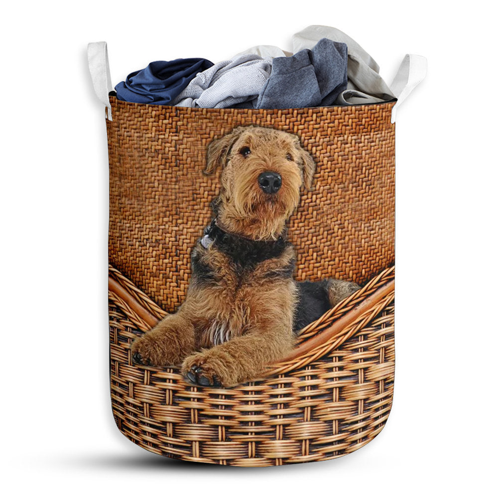 Small Size Airedale Terrier Dog Rattan Texture Laundry Basket For Bathroom Bedroom Storage