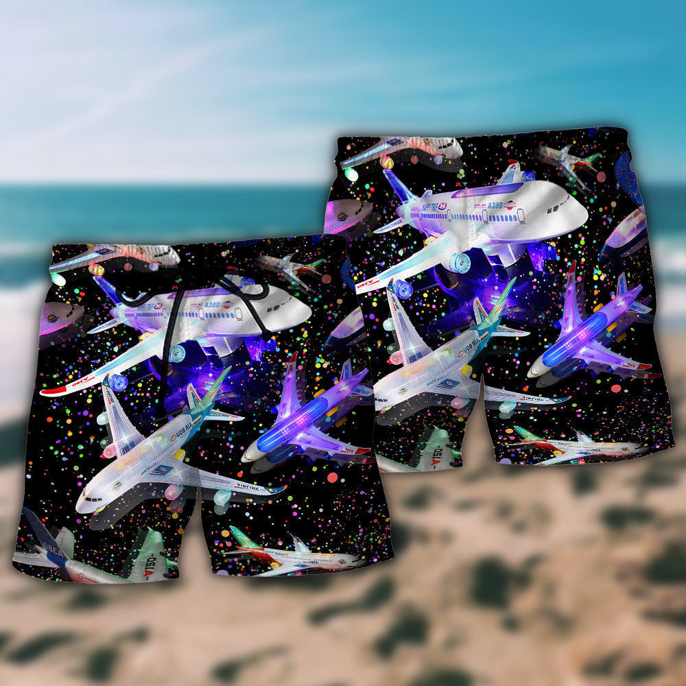 Airplane Dreamy Galaxy Flight Beach Shorts Pattern Detail For Relaxed Weekends And Everyday Comfort