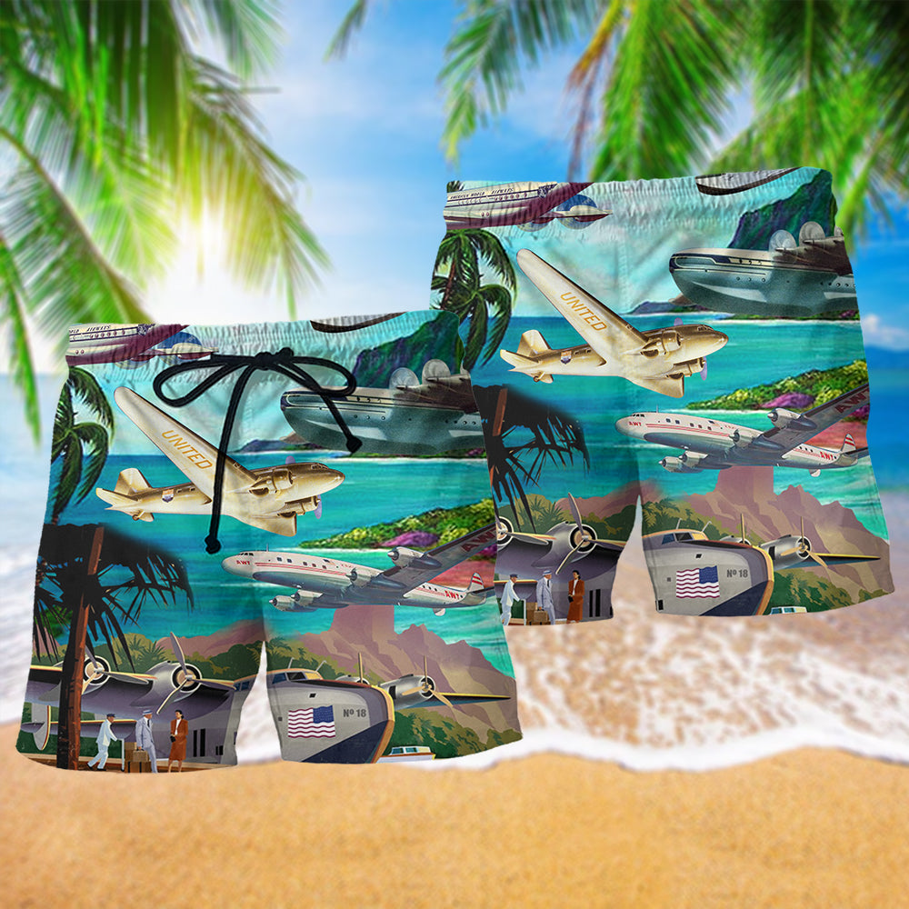 Airplane Hawaii Flight Beach Shorts Artwork Detail For Casual Warm Weather Outfits