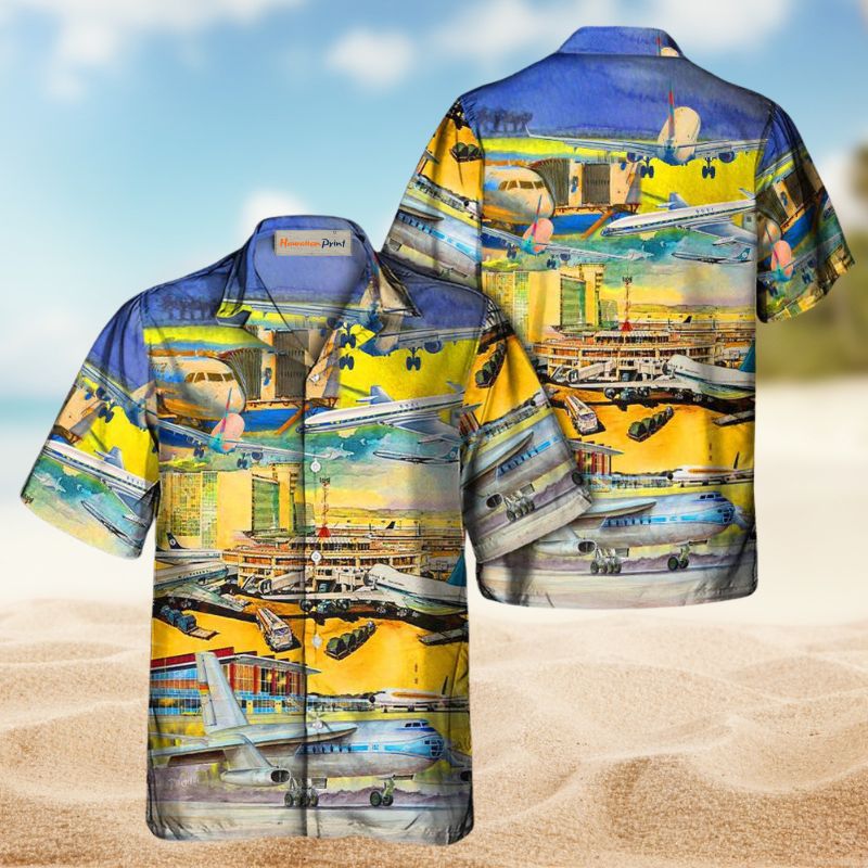 Airplane Airport Hawaiian Shirt For Resort Trips, Coastal Parties, And Warm Weather Style