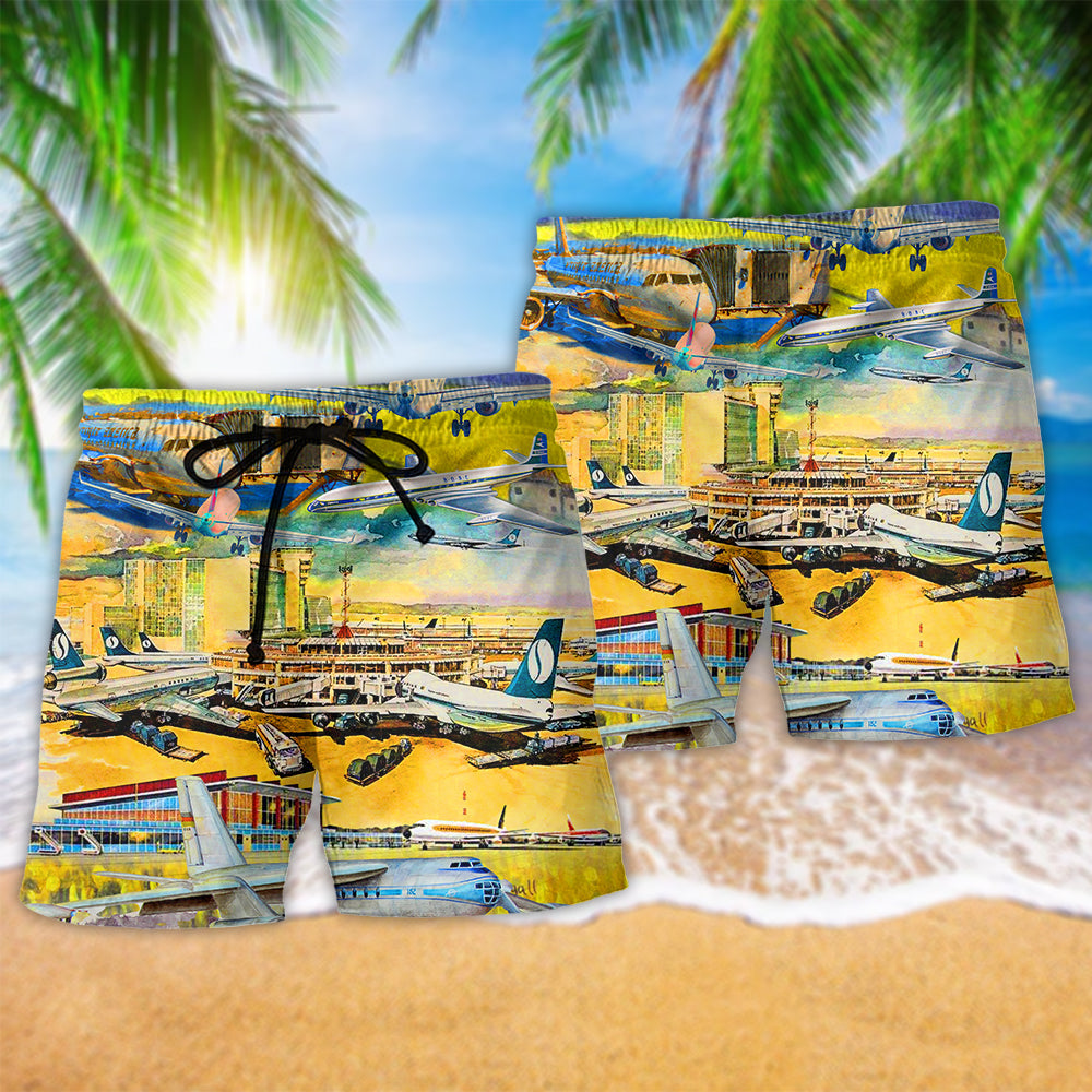 Airplane Takeoff Colorful Sky Beach Shorts Pattern View For Coastal Holidays And Casual Activities