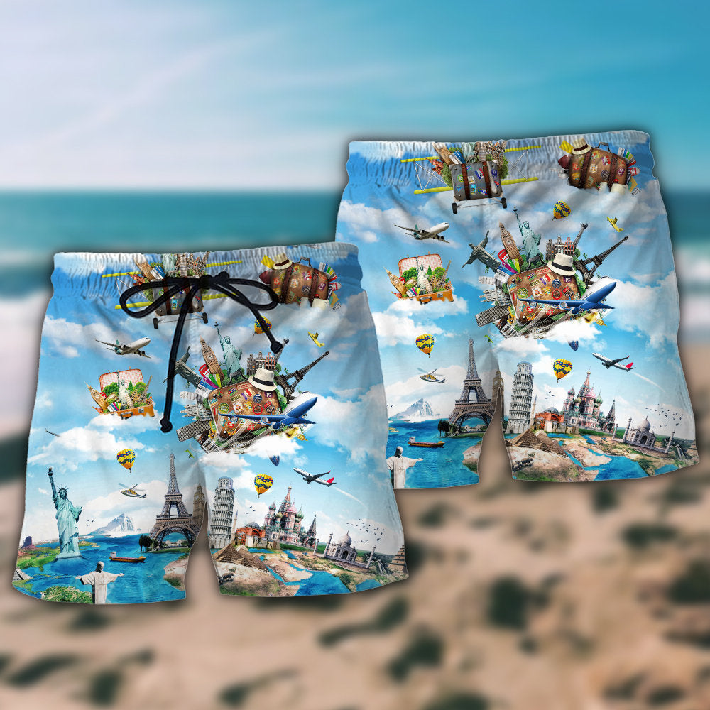 Airplane Travel World Beach Shorts Pattern Detail For Cruise Vacations And Warm Weather Wardrobe