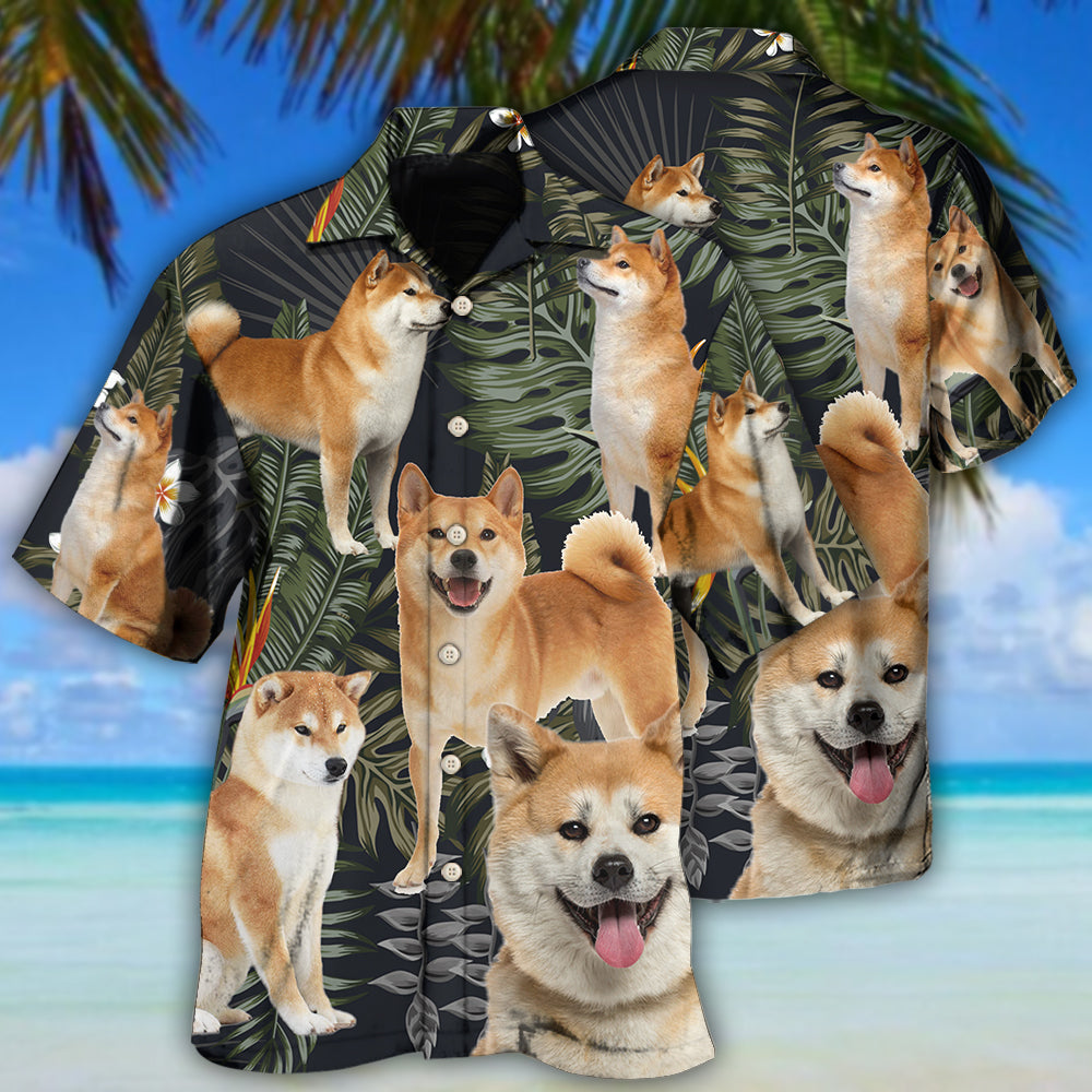 Tropical Dark Dog Akita Leaf Hawaiian Shirt For Summer Vacation And Beach Travel