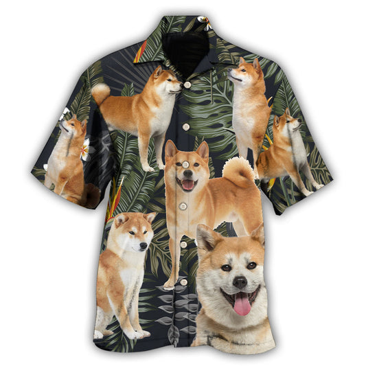 Tropical Akita Dog Leaf Pattern Hawaiian Shirt For Tropical Holidays, Outdoor Gatherings, And Everyday Comfort