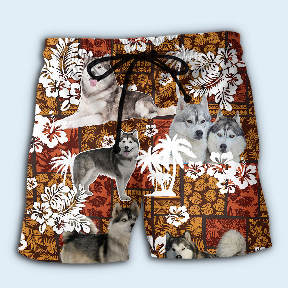 Alaskan Malamute Tropical Vibe Beach Shorts Artwork Detail For Poolside And Ocean Adventures
