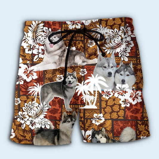 Alaskan Malamute Tropical Vibe Beach Shorts Artwork Detail For Poolside And Ocean Adventures