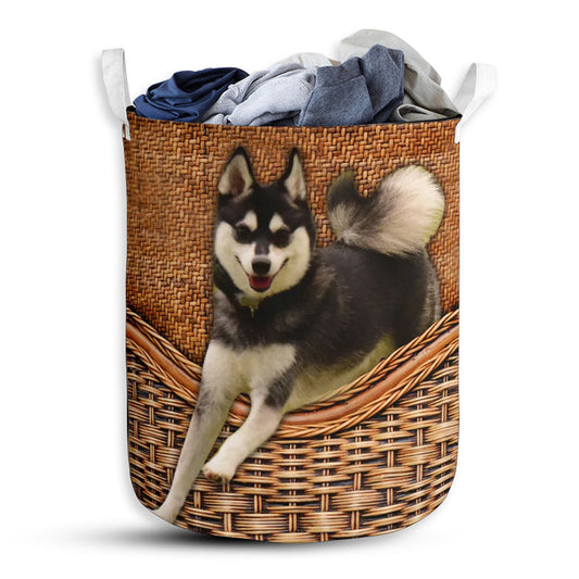 Small Size Alaskan Klee Kai Dog Rattan Texture Laundry Basket For Bathroom Bedroom Storage