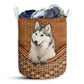 Small Size Alaskan Malamute Dog Rattan Texture Laundry Basket For Bathroom Bedroom Storage