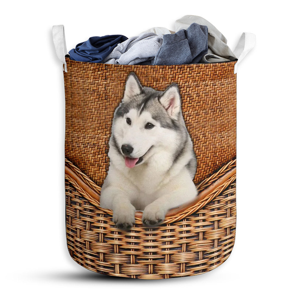Small Size Alaskan Malamute Dog Rattan Texture Laundry Basket For Bathroom Bedroom Storage