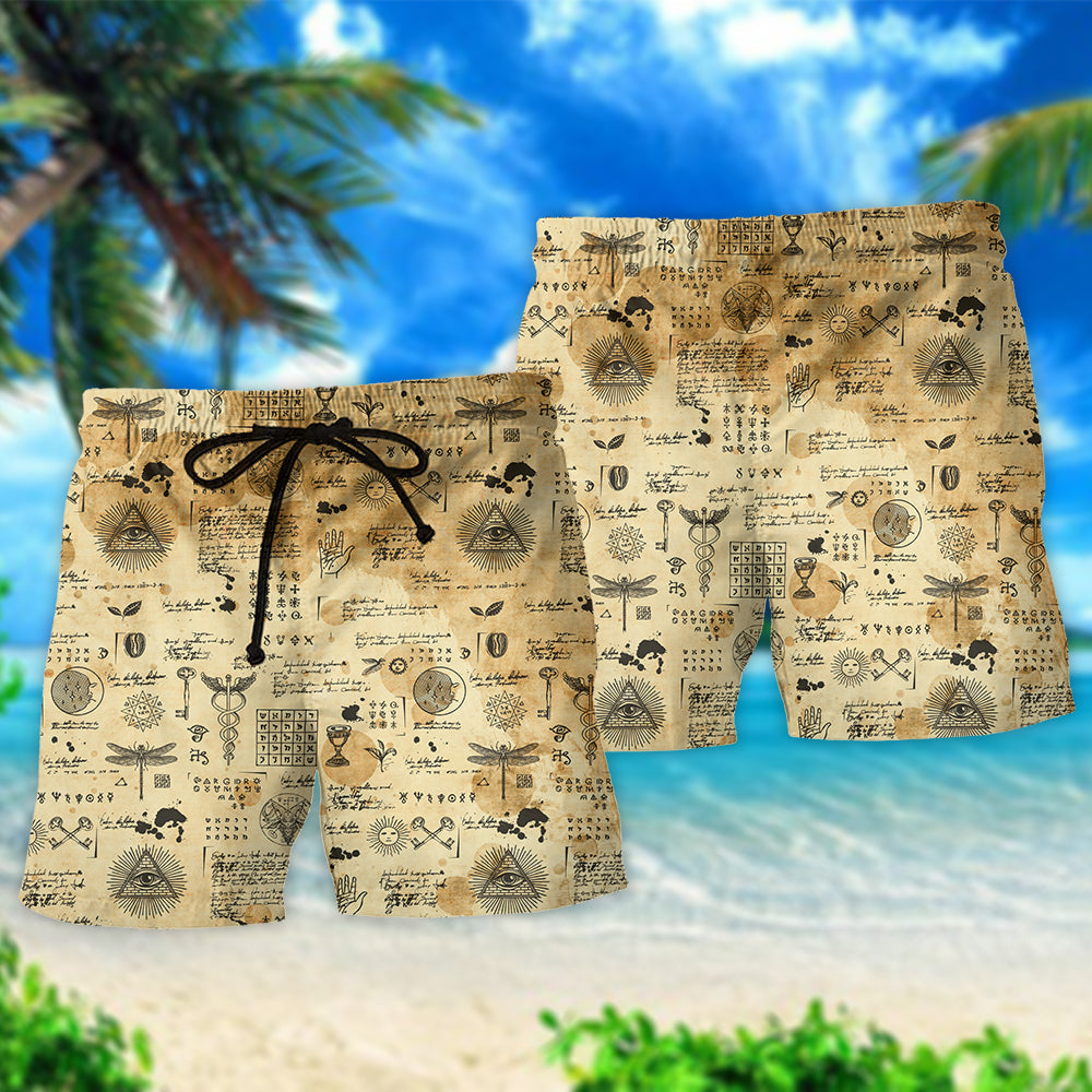 Egyptian Alchemy Ancient Symbol Beach Shorts Artwork Detail For Tropical Travel And Everyday Wear