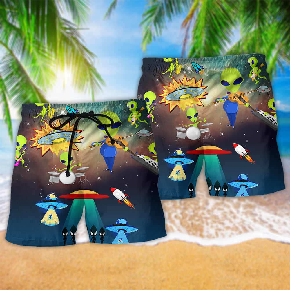 Alien Music Beach Shorts Pattern Detail For Island Trips And Bright Summer Outfits