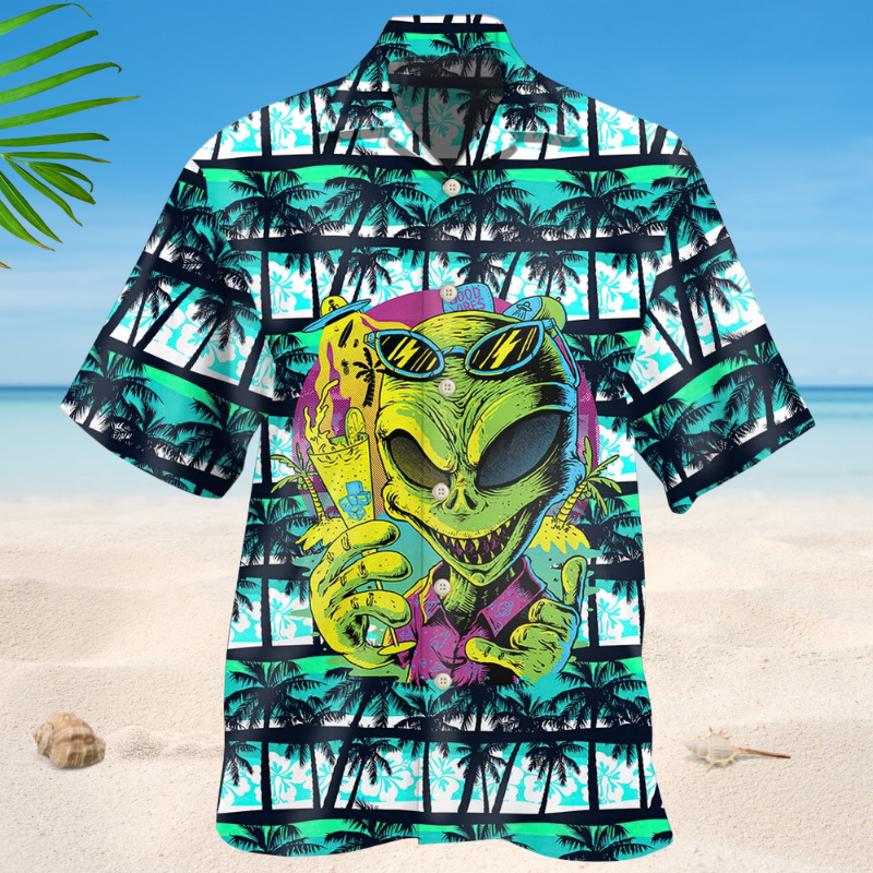 Tropical Alien Hawaiian Shirt For Summer Vacation, Beach Travel, And Casual Wear