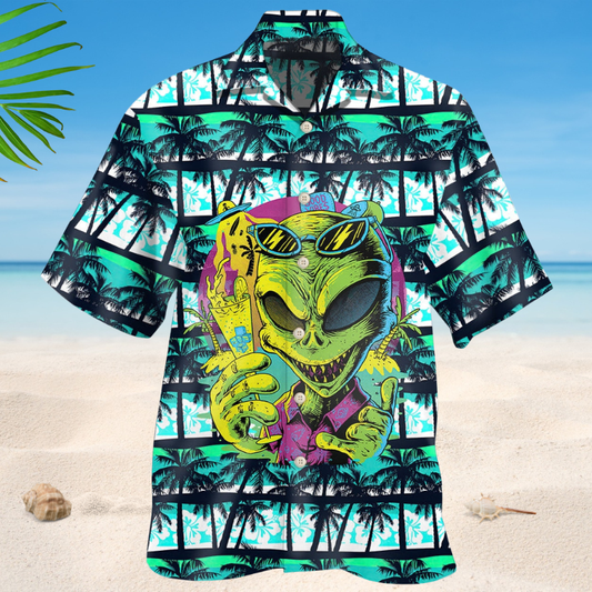Tropical Alien Hawaiian Shirt For Summer Vacation, Beach Travel, And Casual Wear