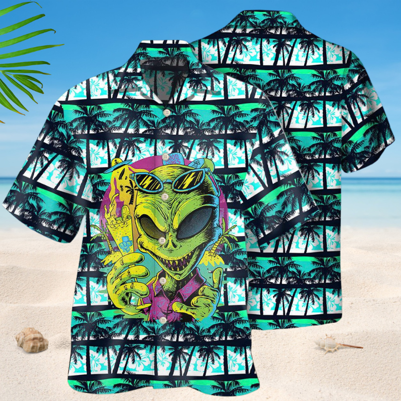 Tropical Alien Hawaiian Shirt For Summer Vacation, Beach Travel, And Casual Wear