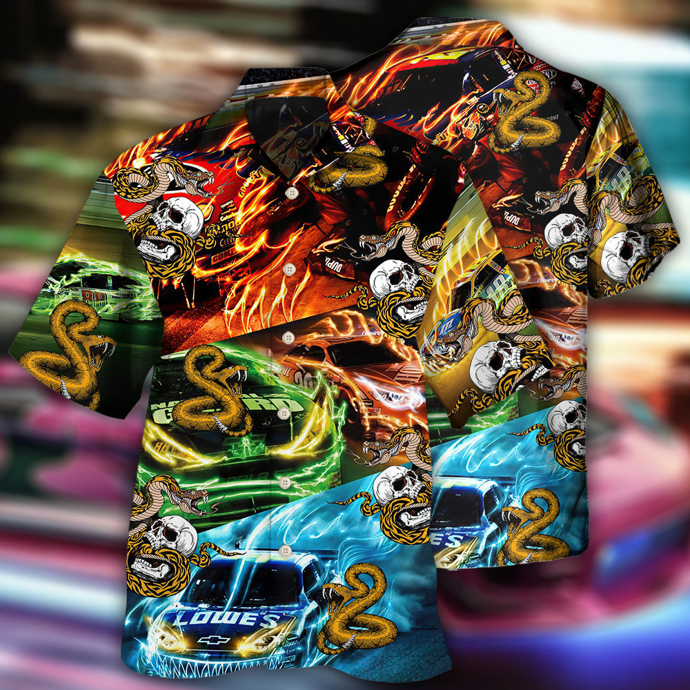 Car Racing Skull Snake Hawaiian Shirt For Island Vacations, Resort Wear, And Relaxed Seasonal Style