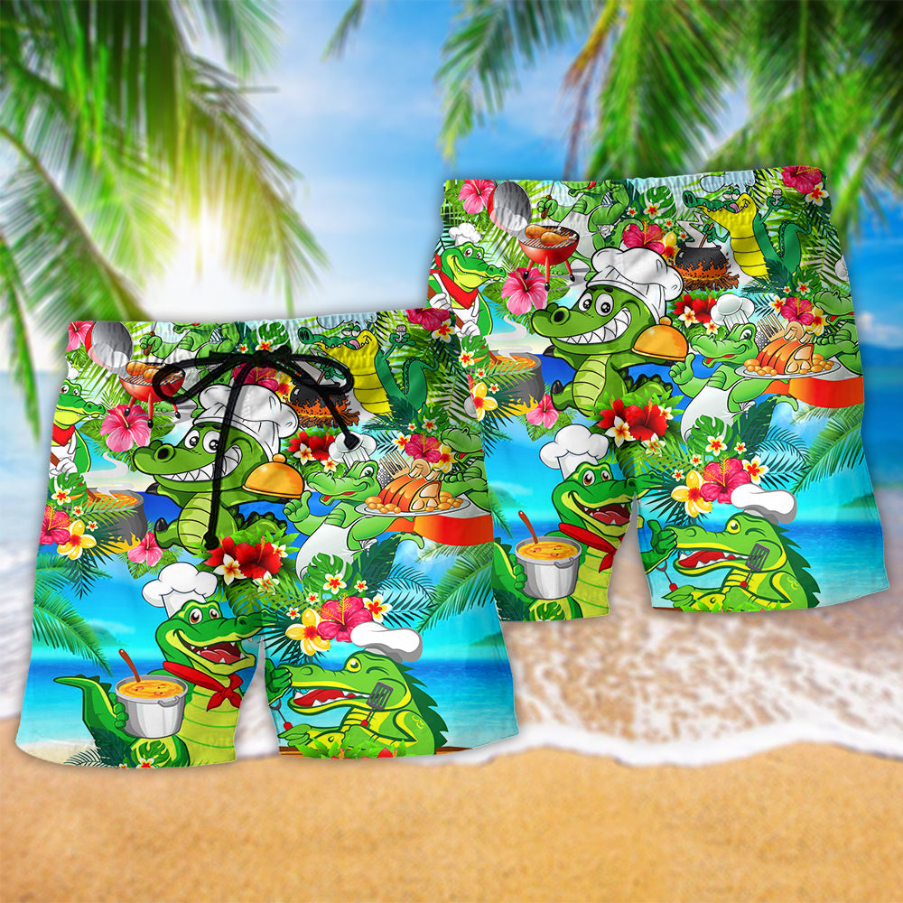 Alligator Chef Tropical Floral Beach Shorts Pattern Detail For Casual Outings And Leisure And Relaxation