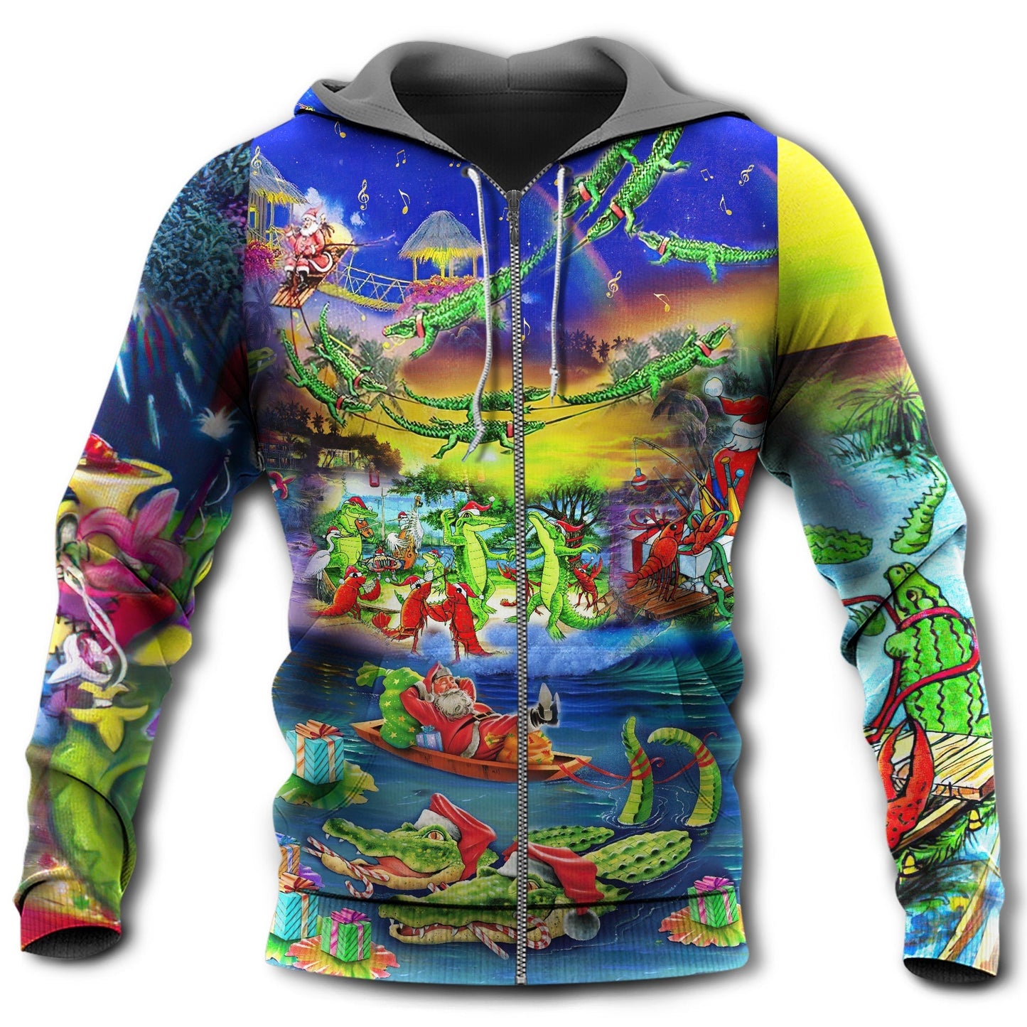 Santa Riding Alligator Christmas Hoodie For Christmas Gatherings Outdoor Trips And Relaxed Seasonal Style
