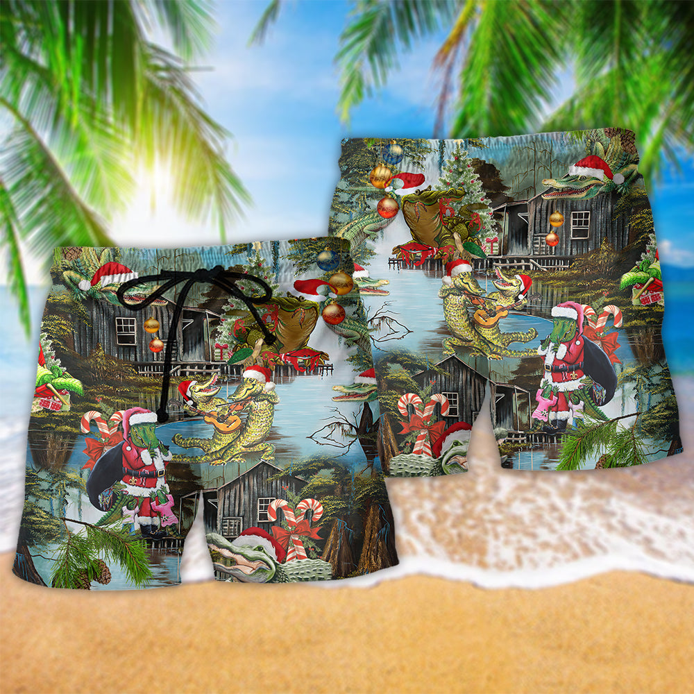 Alligator Christmas Goodbye Humor Beach Shorts Pattern View For Coastal Holidays And Casual Activities