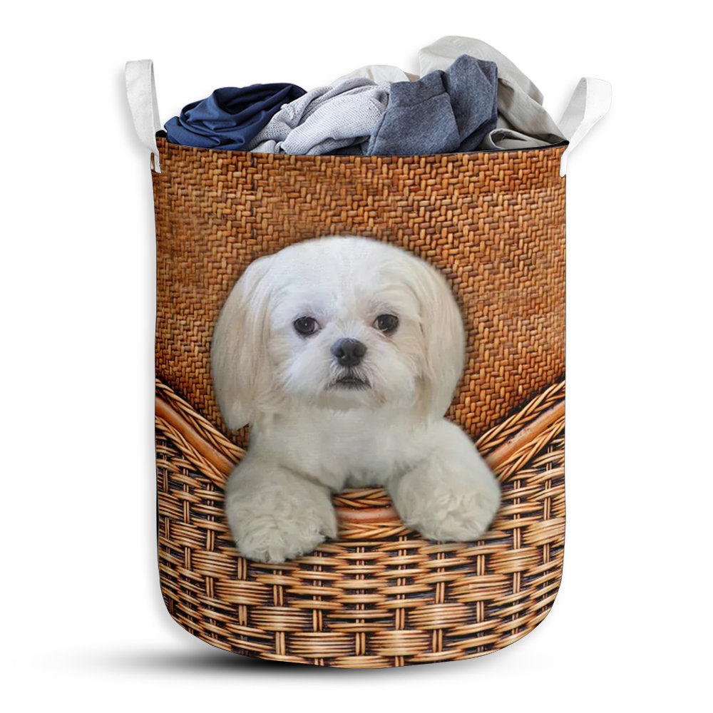 Small Size All White Shih Tzu Dog Rattan Texture Laundry Basket For Bathroom Bedroom Storage