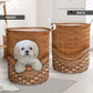 All White Shih Tzu Dog Rattan Texture Laundry Basket For Room Home Organizer