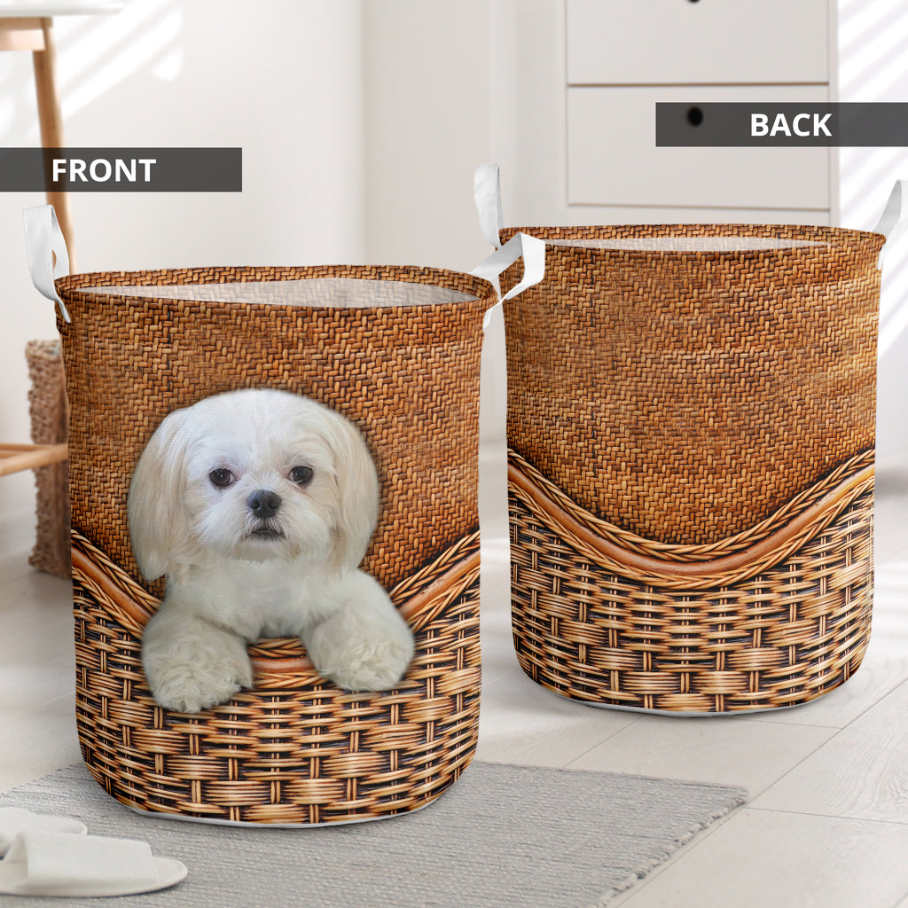 All White Shih Tzu Dog Rattan Texture Laundry Basket For Room Home Organizer