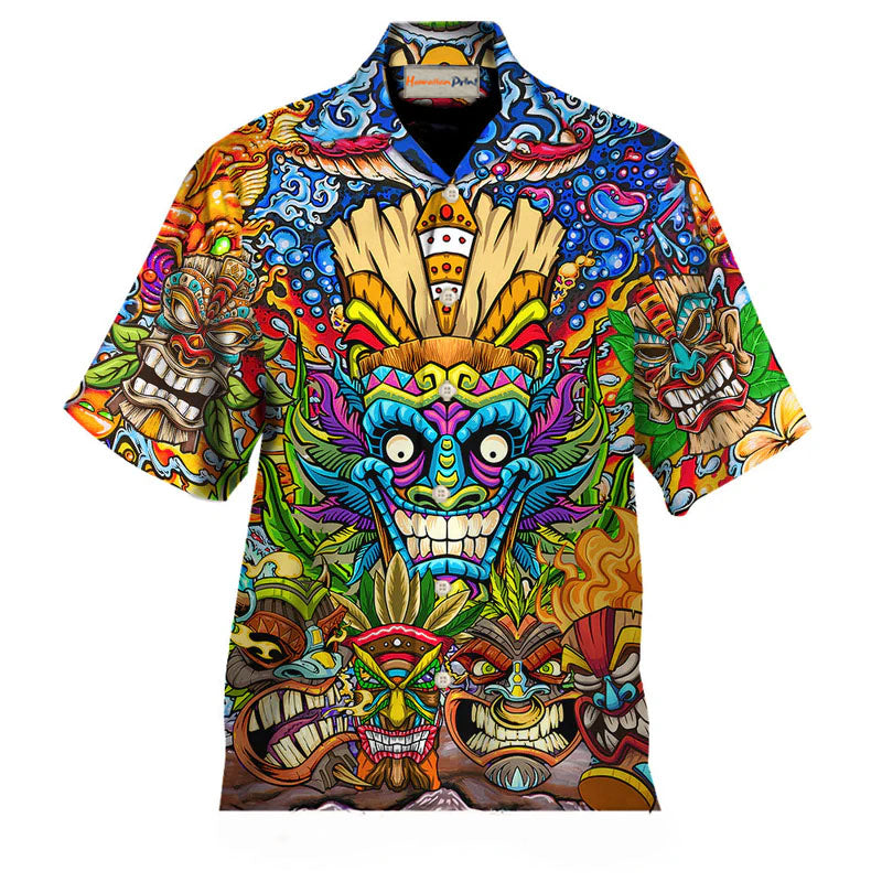 Aloha Tiki Mask Tribal Hawaiian Shirt Design Detail For Beach Days And Holiday Travel