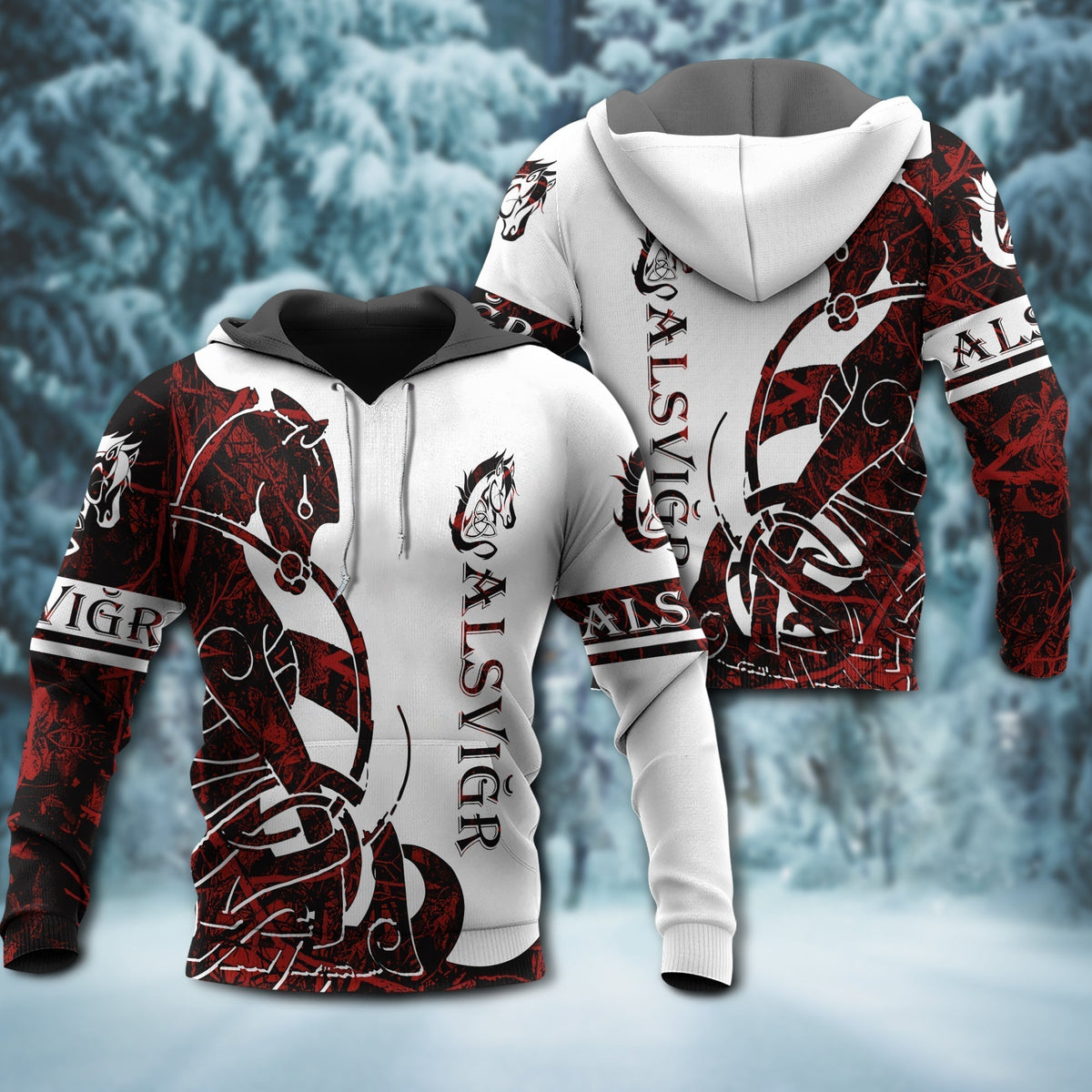 Red White Viking Alsvidr Legend Hoodie For Mythic Casual Outfits Weekend Adventures And Thoughtful Gifting