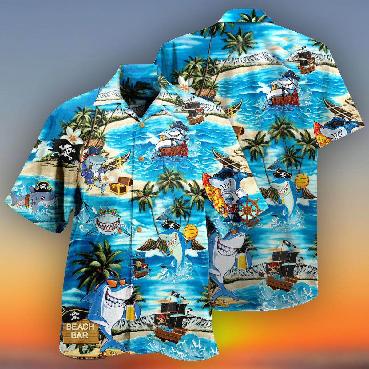 Nautical Pirate Shark Beach Bar Adventure Hawaiian Shirt Artwork View For Coastal Escapes And Resort Style