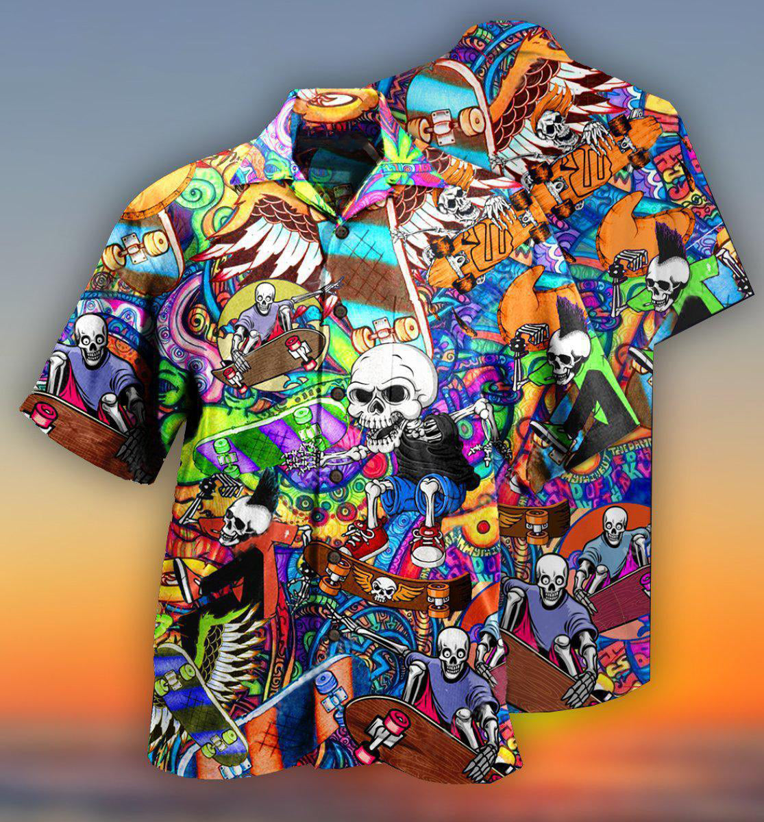 Skull And Skateboarding Hawaiian Shirt With All Over Print For Tropical Escapes Resort Wear And Outdoor Celebrations