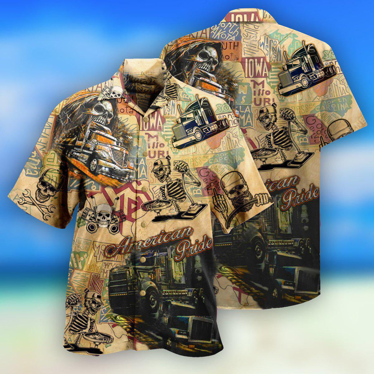 Truck Amazing American Pride Trucks Skull Hawaiian Shirt Design Detail For Sunny Adventures And Casual Wear