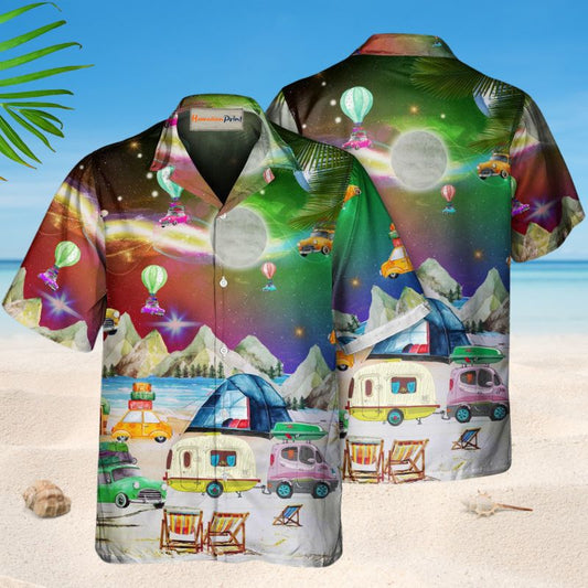Vibrant Camping Christmas Hawaiian Shirt For Holiday Parties, Tropical Vacations, And Festive Gift Giving
