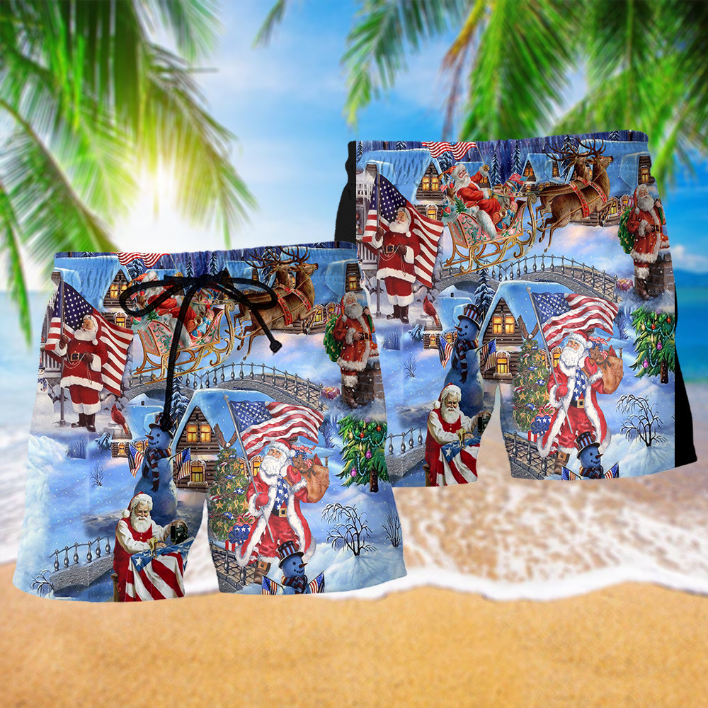 America Patriotic Christmas Santa Beach Shorts Pattern View For Weekend Trips And Outdoor Activities