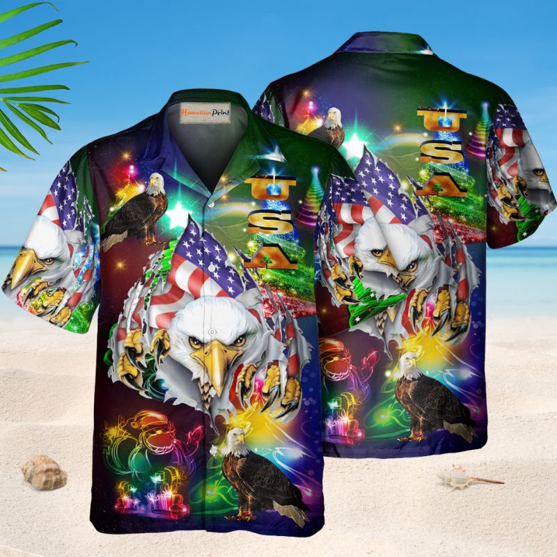 American Eagle Christmas Hawaiian Shirt For Holiday Parties, Tropical Vacations, And Festive Gift Giving