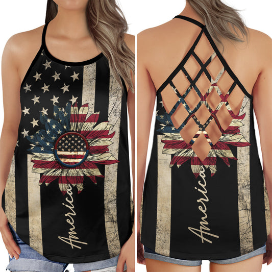 USA Independence Day Sunflower Hollow Tank Top For Yoga Practice And Summer Outings