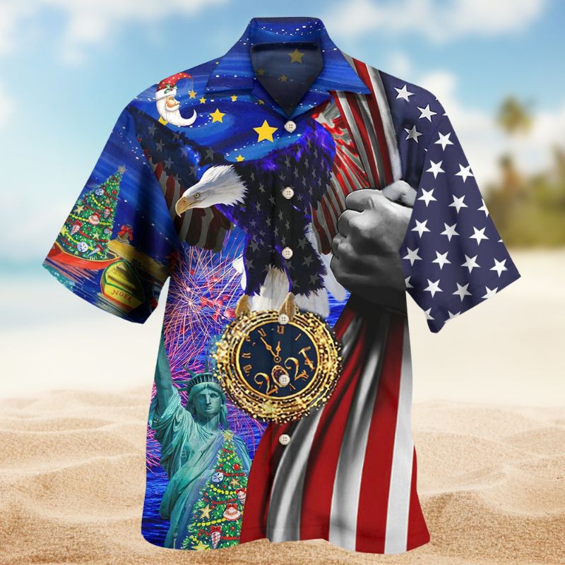 American New Year Christmas Hawaiian Shirt For Island Vacations, Resort Wear, And Relaxed Seasonal Style