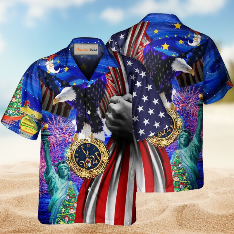 American New Year Christmas Hawaiian Shirt For Island Vacations, Resort Wear, And Relaxed Seasonal Style