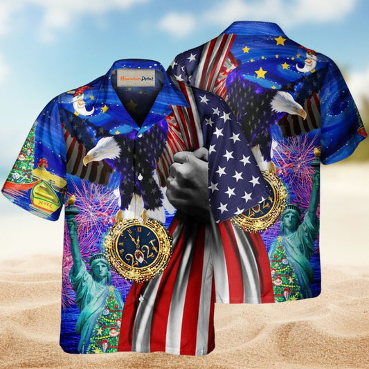 American New Year Christmas Hawaiian Shirt For Island Vacations, Resort Wear, And Relaxed Seasonal Style