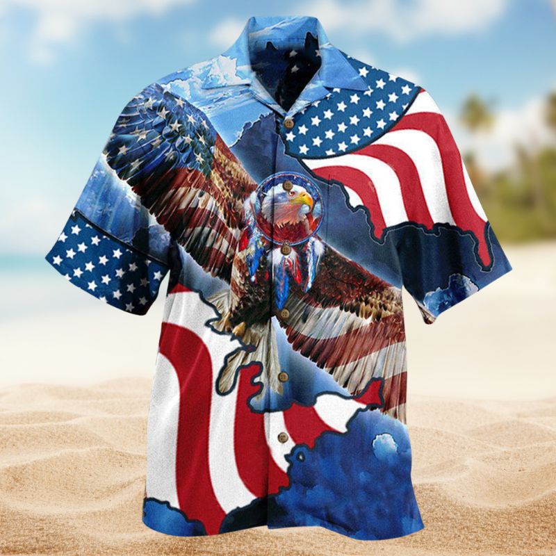Patriotic American Eagle Hawaiian Shirt For Summer Vacation, Beach Travel, And Casual Wear