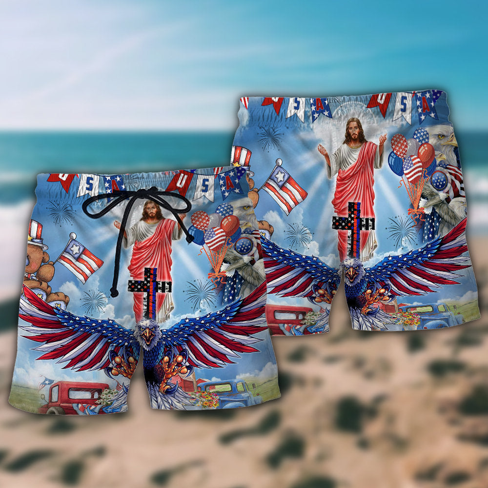 Faith Patriot Eagle America Beach Shorts Pattern Detail For Casual Outings And Relaxed Holiday Style