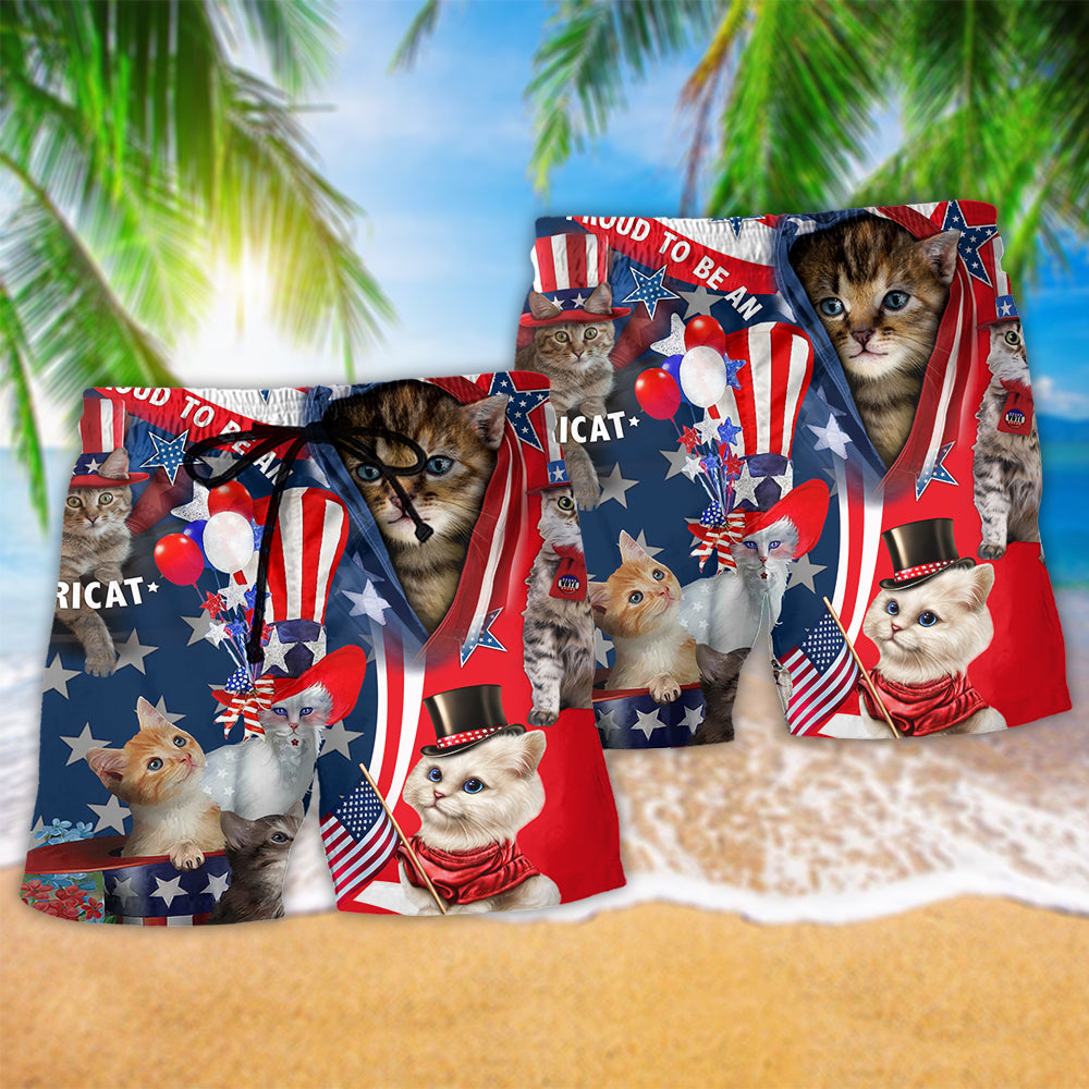 America Proud To Be An Cat Hawaiian Print Beach Shorts For Outdoor Gatherings And Comfort