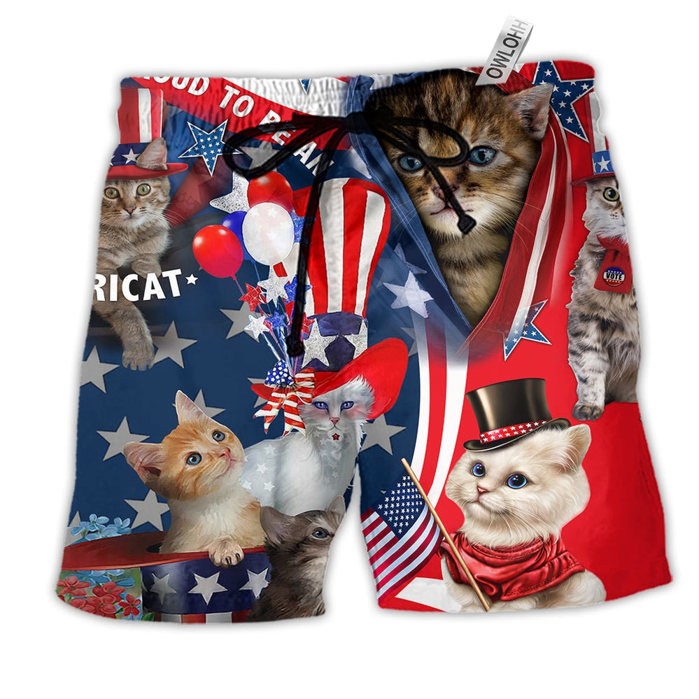 America Proud To Be An Cat Hawaiian Print Beach Shorts For Warm Weather Holiday Style
