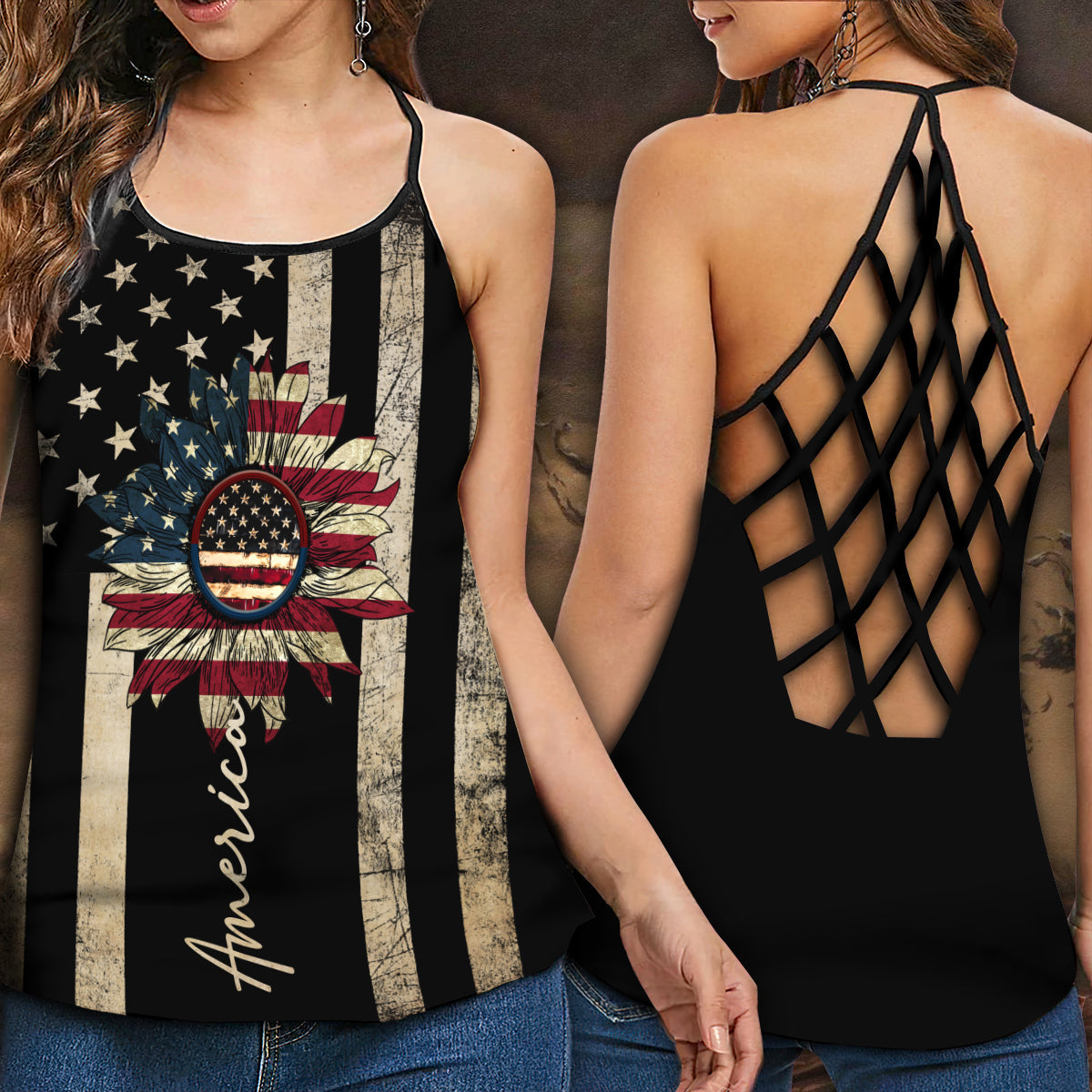 America Independence Day Sunflower Hollow Tank Top For Yoga Practice And Summer Outings