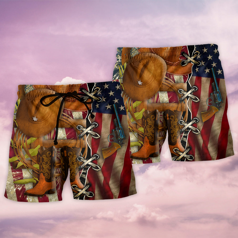 Cowboy Patriotic Independence Day Beach Shorts Pattern View For Coastal Holidays And Casual Activities