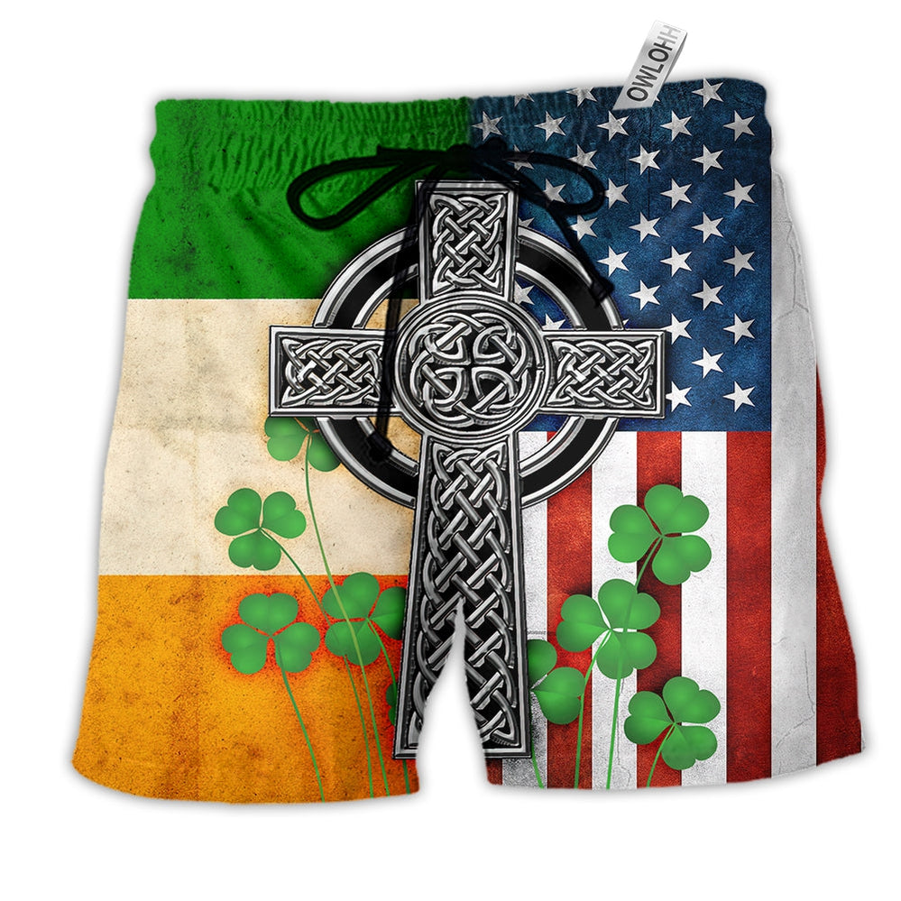 American Flag Celtic Cross Irish Saint Patrick's Beach Shorts For American Pride Beach Days