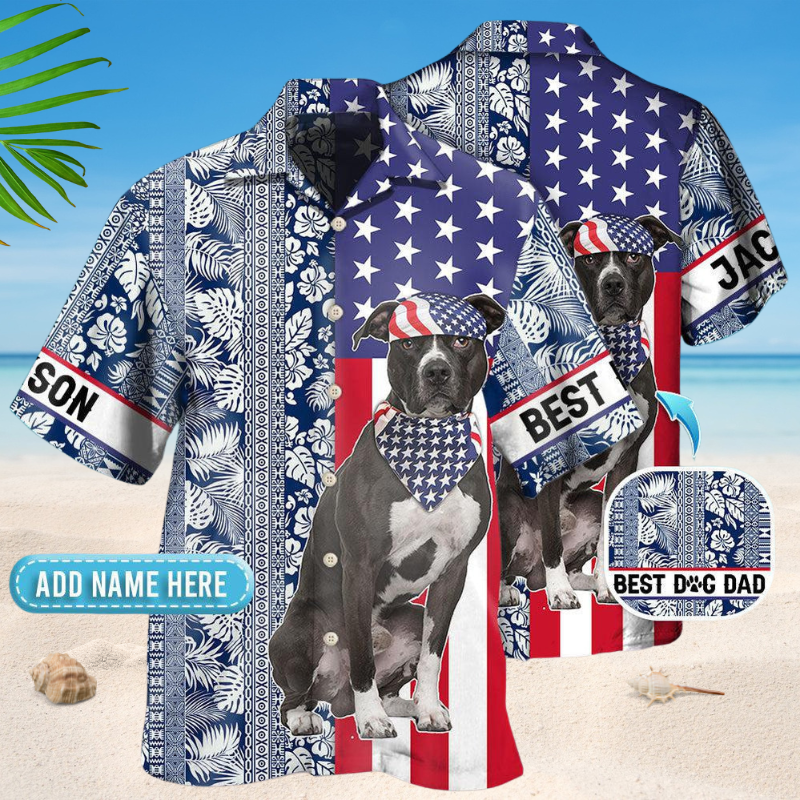 American Tropical Bull Terrier Hawaiian Shirt For Patriotic Events, Summer Travel, And Casual Outdoor Wear