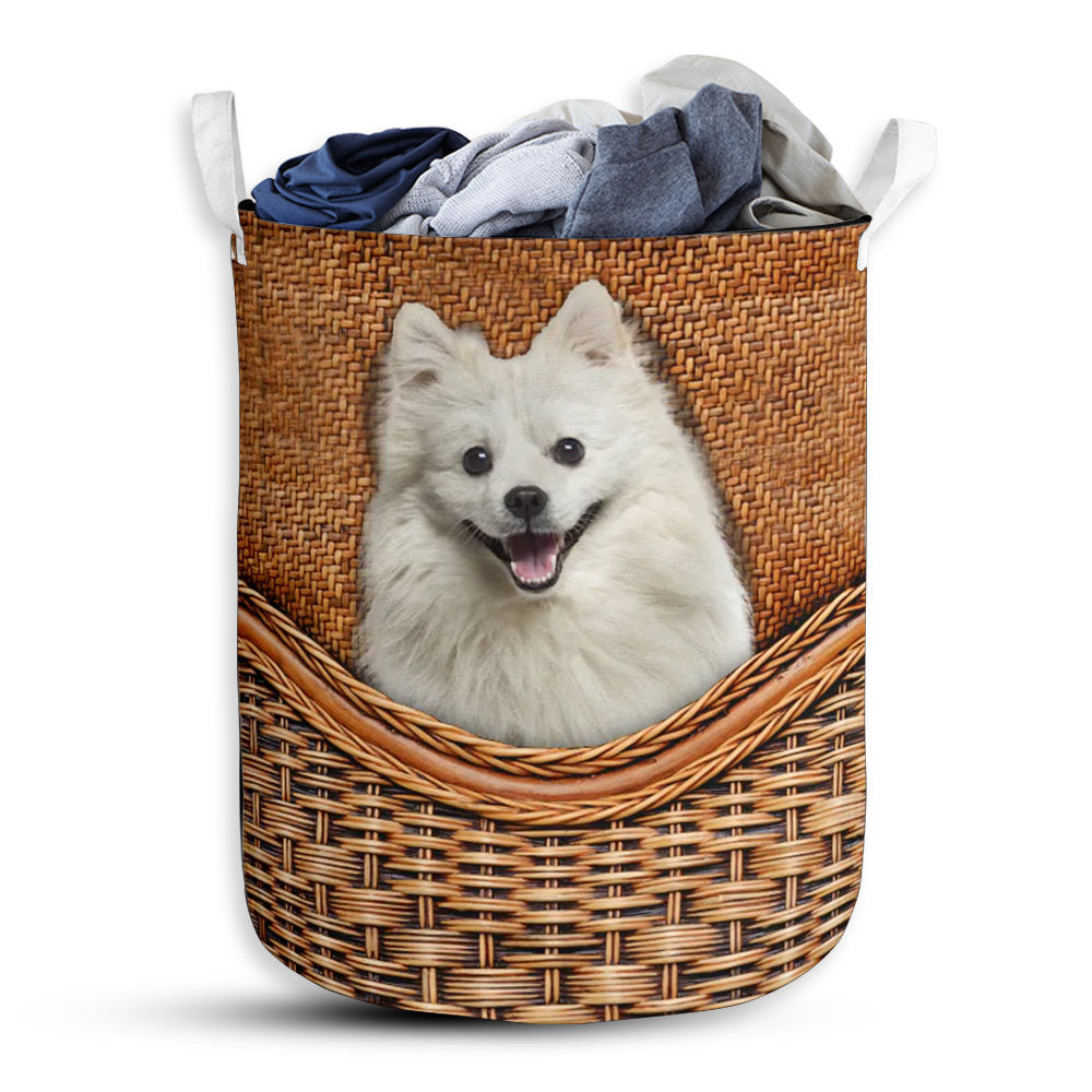 Small Size American Eskimo Dog Rattan Texture Laundry Basket For Bathroom Bedroom Storage